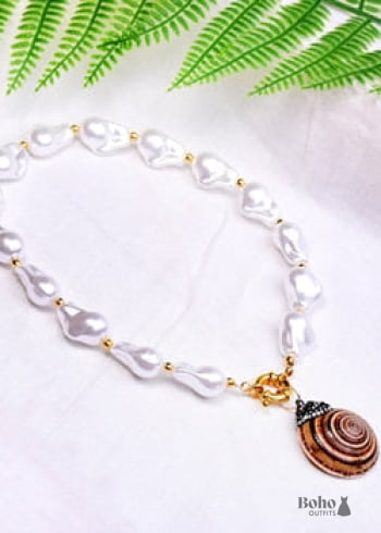 Boho Necklace, White Peal Sea Shell